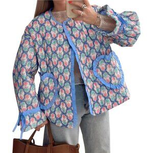 Tankaneo Womens Cropped Puffer Jacket Floral Print Open Front Quilted Jacket